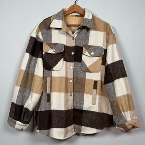 Brown and Cream Plaid Shirt/Jacket, Size L